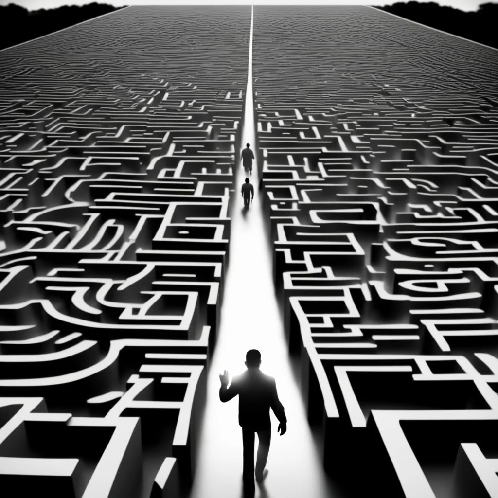A man was walking in the middle of the maze, and finally found a path that led to a bright place.