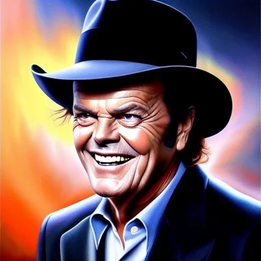 Ultra detailed fullbody Portrait in oil on canvas of Jack Nicholson,extremely detailed digital painting, extremely detailed face, crystal clear eyes, mystical colors ,perfectly centered image, perfect composition, rim light, beautiful lighting,masterpiece ,8k, stunning scene, raytracing, anatomically correct by Seung Eun Kim and simon bisley and Nagasawa Rosetsu.16k