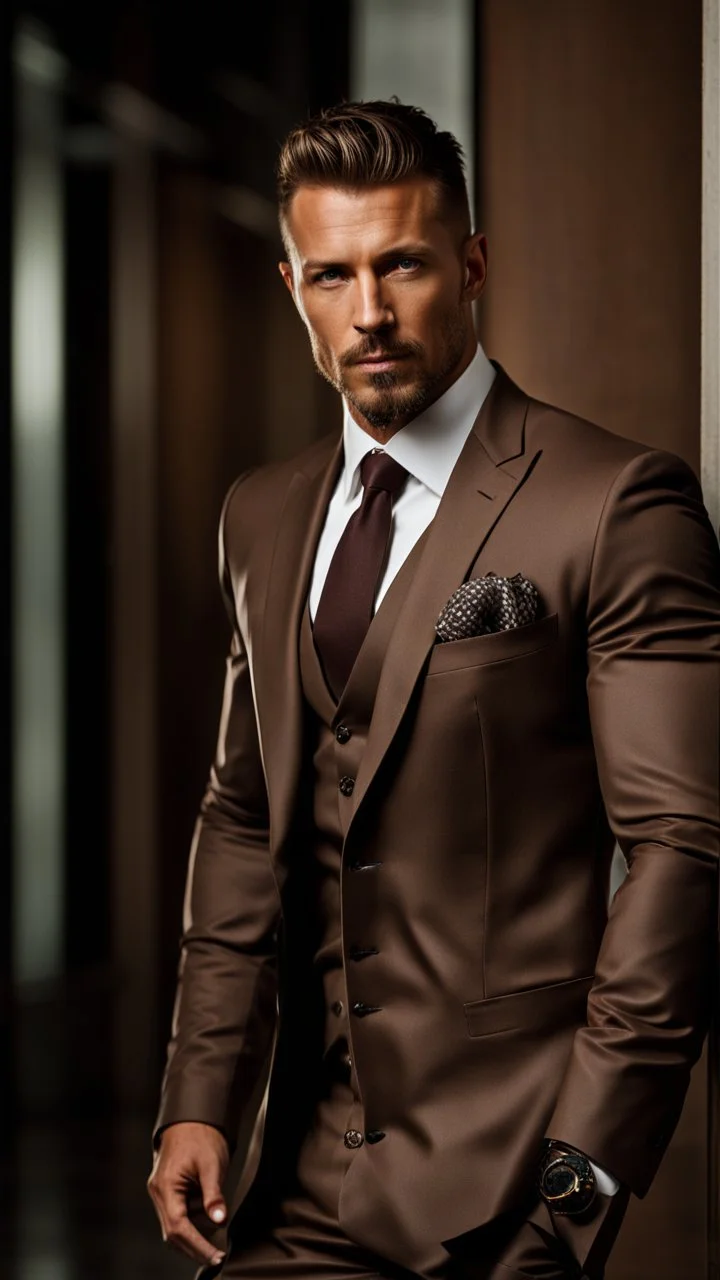 portrait of a 35 year old Handsome, rugged and muscular male leader with lightly tanned skin and tattoos. light brown hair and a goatee beard. wearing an armani three piece suit. photorealistic