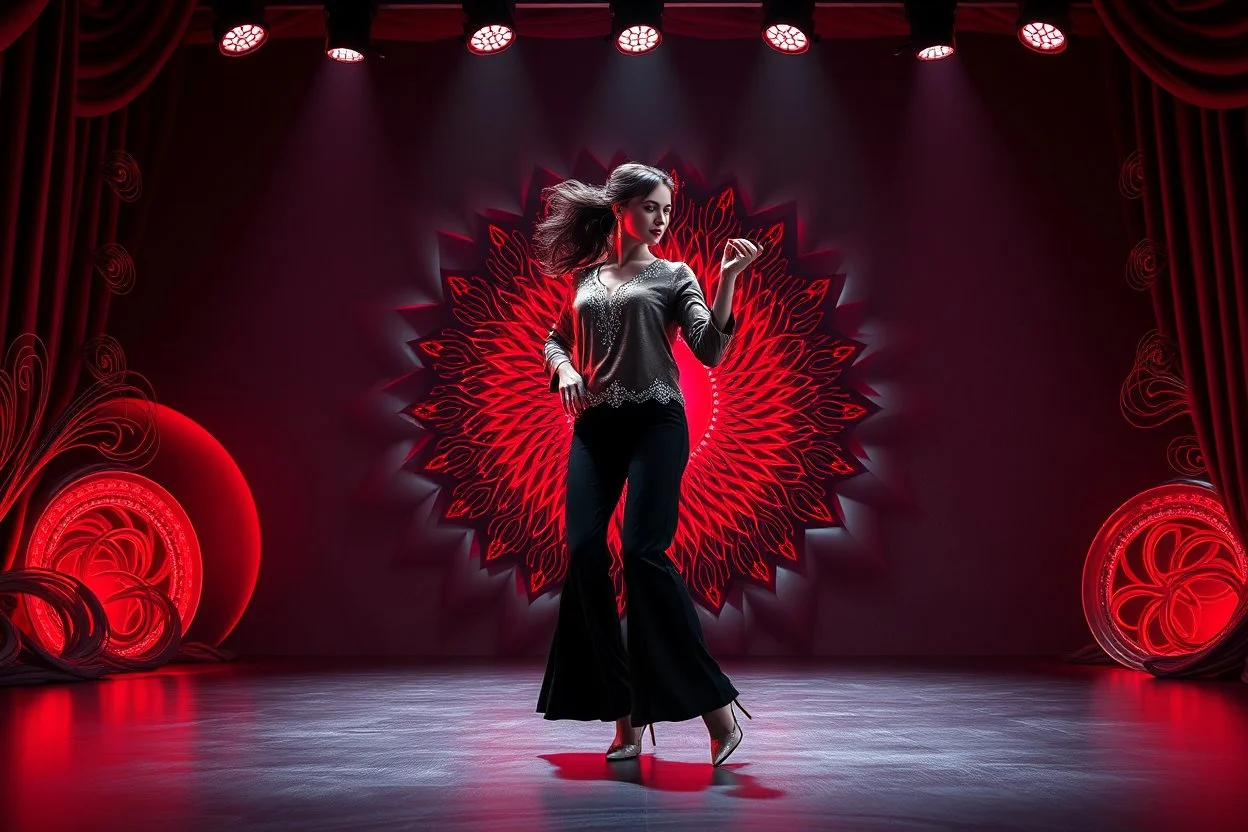 modern stage with gray-dark red theme artistic decoration , color full dynamic lighting, a beautiful lady in pants and blouse with shining silver jewels dancing, 3D recursive fractal structure animating background