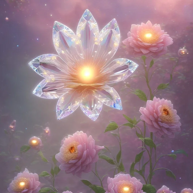 one big crystal subtle flower in a galactic ambiance with a beautiful fairy, transparent petals, delicate colors, in the foreground, full of details, smooth，soft light atmosphere, light effect，vaporwave colorful, concept art, smooth, extremely sharp detail, finely tuned detail, ultra high definition, 8 k, unreal engine 5, ultra sharp focus