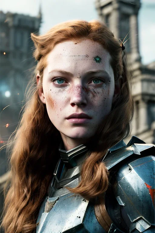 ultrarealistic, concept art,ruined city,__intricate fantasy armor__, no star, __angles__, 18 year old girl, strikingly beautiful,ginger hair, _colour_, (pale __skincolor__ skin:1.2), __camera__, long hair, detailed face and eyes, medium breasts, sci-fi theme, freckles, dynamic pose, resolved expression, __accessory__, strappy outfit, (straps:1.1), sword in scabbard on left hip, (buckles, buttons, snaps, rings:1.0), haltertop style breastplate, detailed eyes, plump lips