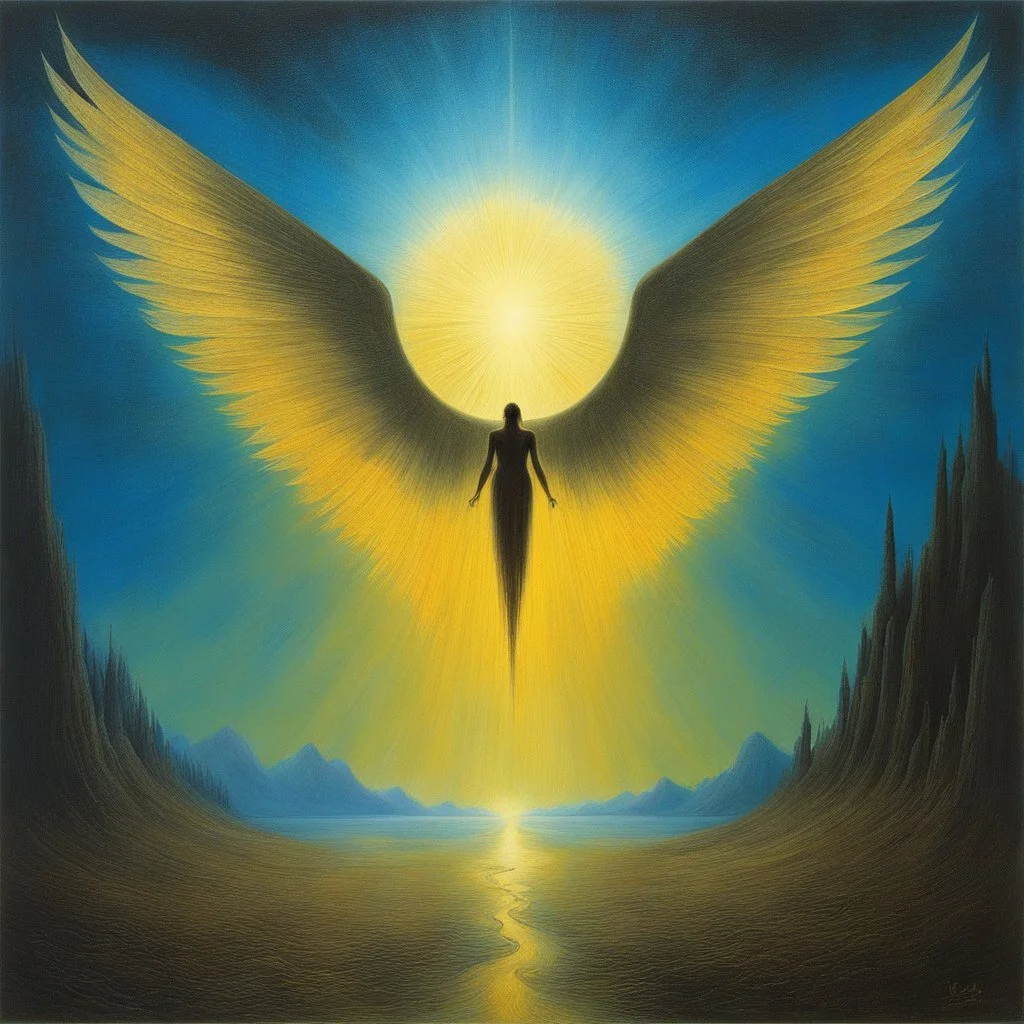 [art by Zdzisław Beksiński] In the ethereal stillness of the celestial realm, Metatron, the chief of winged angels, descended. His radiant wings shimmered like starlight, casting a celestial glow across the heavens. Suddenly, a tremor rippled through creation. God struck the three hundred and ninety heavens, and they quaked in reverent awe. From His eyes, tears flowed—hot as molten fire—cascading down like fiery rain into the vast ocean below. The waters stirred, roiling with sorrow as waves ign