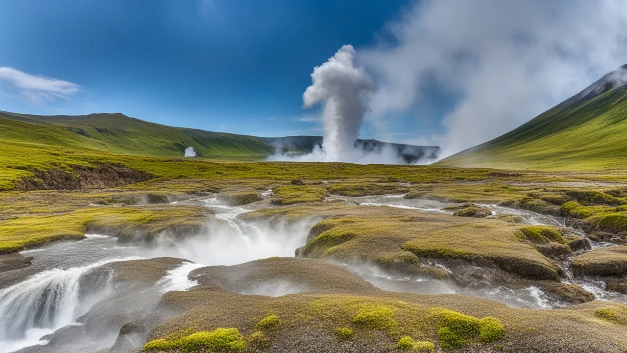 Valley of geysers, geyser field on Kamchatka Peninsula, Russia, geysers and many hot springs, beautiful composition, award-winning photograph, astonishing realism, 28mm lens, adjust perspective