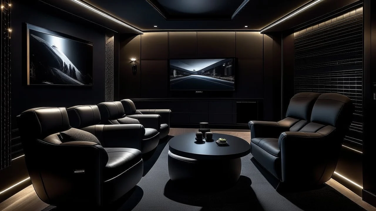 black themed home cinema room, recliners, ambient lighting, warm environment