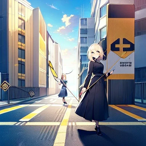 anime girl walking down a yellow brick road, holding a bow with arrow , road signs, arrows, direction into the street