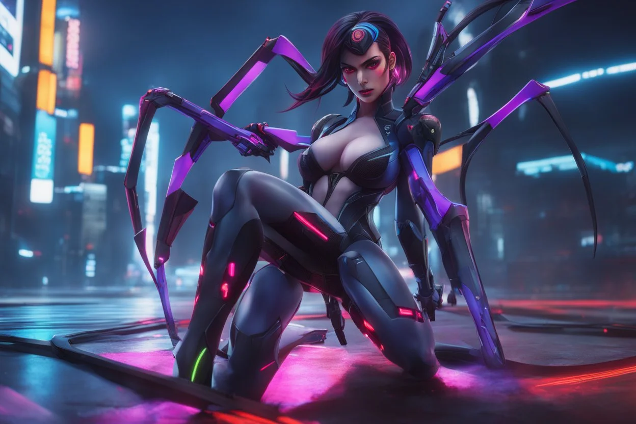 Widowmaker in 8k anime cgi artstyle, spider them, neon effect, close picture, full body, apocalypse, intricate details, highly detailed, high details, detailed portrait, masterpiece,ultra detailed, ultra quality