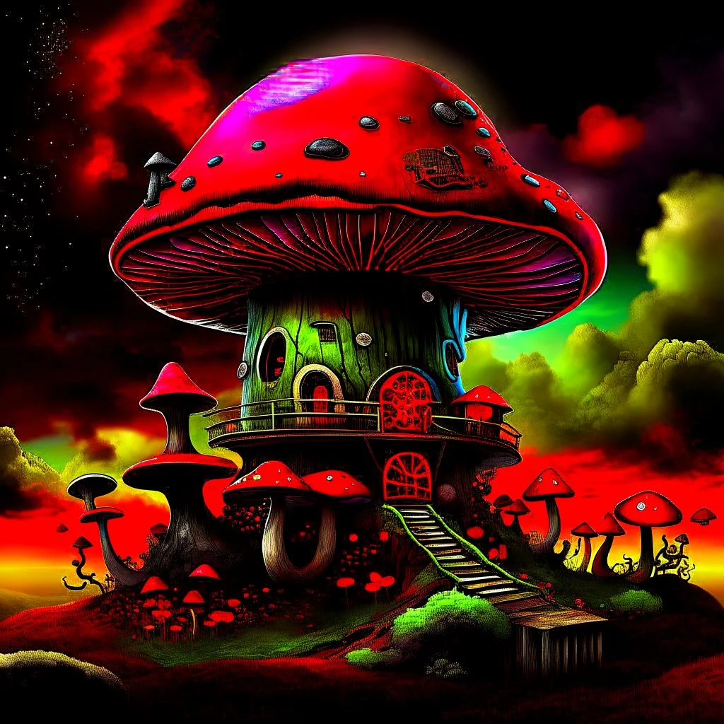 A fantabulous black, green and red (((mushroom tower house))) erected atop a (geologic pillar), surrounded by the uncanny imaginative ((( swirling skies))), offset by the stark hues of a (neon-tinged nebulous space scape), within. captured by the hand a skilled master painter with a focus on (softly blurred compositions and voluminous lighting).