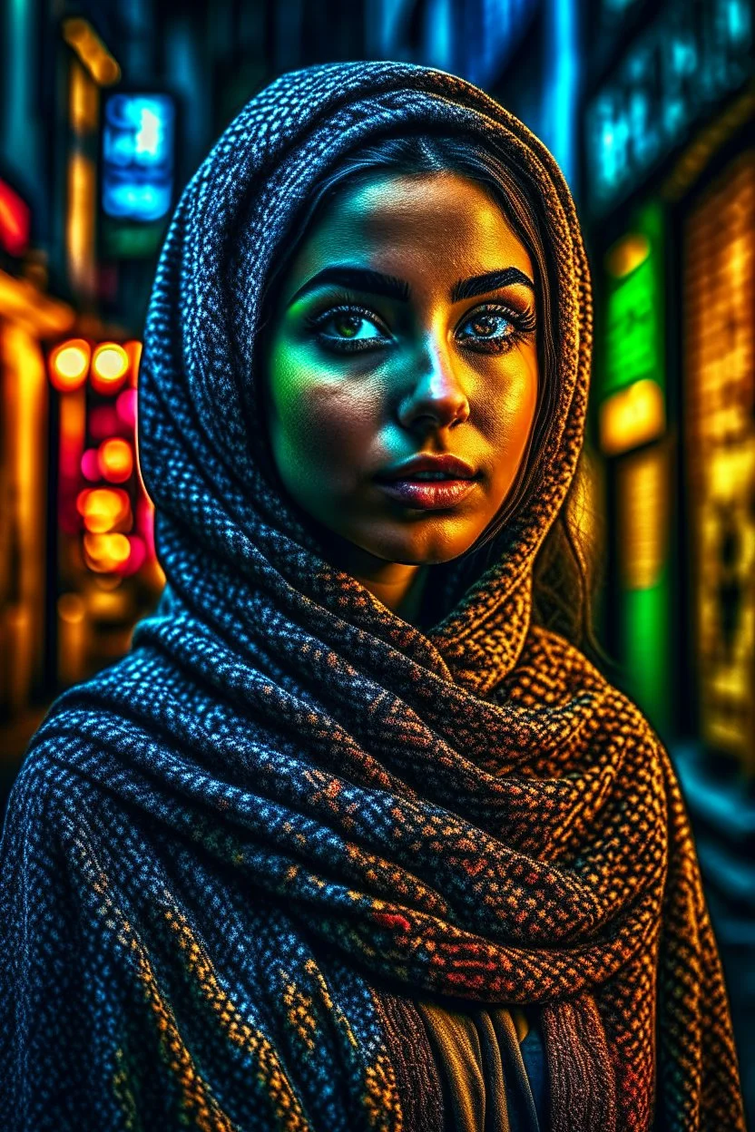 a beautiful Arabian girl in hijab , set against a gritty urban backdrop, The image should be highly detailed and intricate, with a sharp focus on the woman's features, and a neon color palette that pops against the dark background, the style should be reminiscent of street art and urban culture, with exaggerated and stylized features that give the portrait a larger-than-life feel, trending on artstation and instagram, art inspirations include banksy, Shepard Fairey, and lady pink.