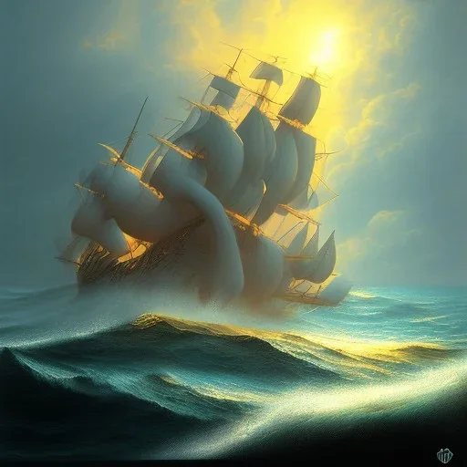 A ship in a golden ocean with waves and filled with clouds