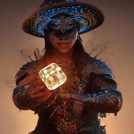 Insanely detailed photograph of warrior “male mariachi holding glowing D20” with intricate detailed Sombrero, intricate charo, hyperdetailed painting by Ismail Inceoglu Huang Guangjian and Dan Witz CGSociety ZBrush Central fantasy art album cover art,8K, hdr, mysterious, flickeringlights ,Stoic