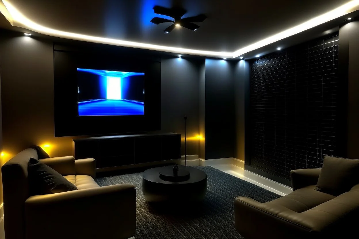 a dedicated home cinema room with LED ambient lighting in the walls