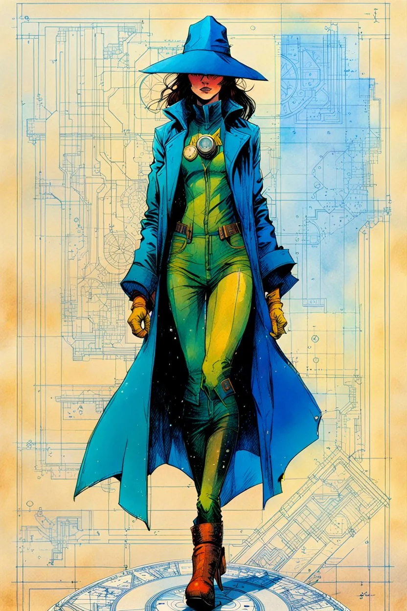 Hand drawn technical,full body portrait illustration , with detailed blueprints and engineering schematics of a walking leaf girl, in the comic book art style of BILL SIENKIEWICZ and JEAN GIRAUD MOEBIUS, with highly detailed facial features, drawings, and technical notation, 8k, vibrant natural colors