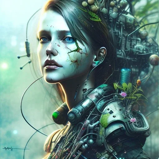 Style Yoji Shinkawa, Singer Danish MØ face, watercolor illustration , cyberpunk,steampunk,Dryad, plants, wildflower,