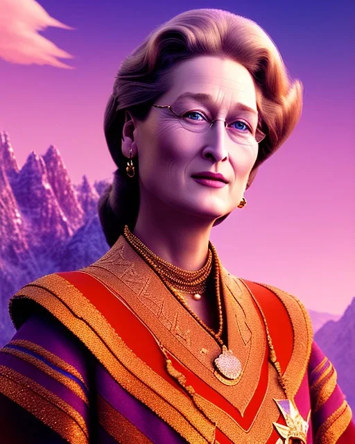 beautiful illustration of a young plum merryl streep in the mountains, in the style viktor klint and moebius, rim light, vibrant moody colors, plain background, soft lighting, unreal engine