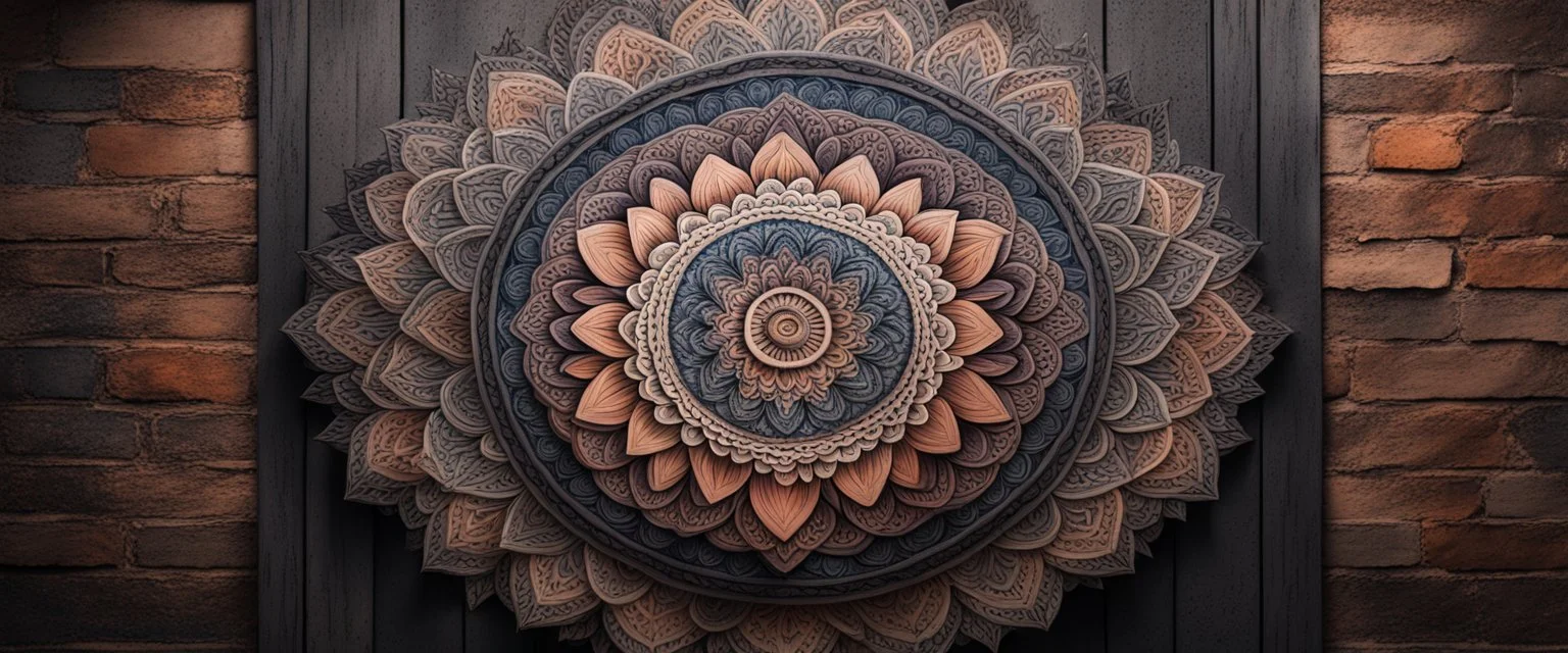 Hyper Realistic Beautiful detailed Mandala art on a dark rustic wall