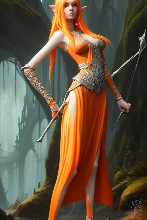 painting of a tall elven young woman with short light orange hair and freckles on the cheak bones and tall body of a topmodel light clothes, long shot, ultra realistic, concept art, intricate details, eerie, highly detailed, photorealistic, octane render, 8 k, unreal engine. art by artgerm and greg rutkowski and charlie bowater and magali villeneuve and alphonse mucha