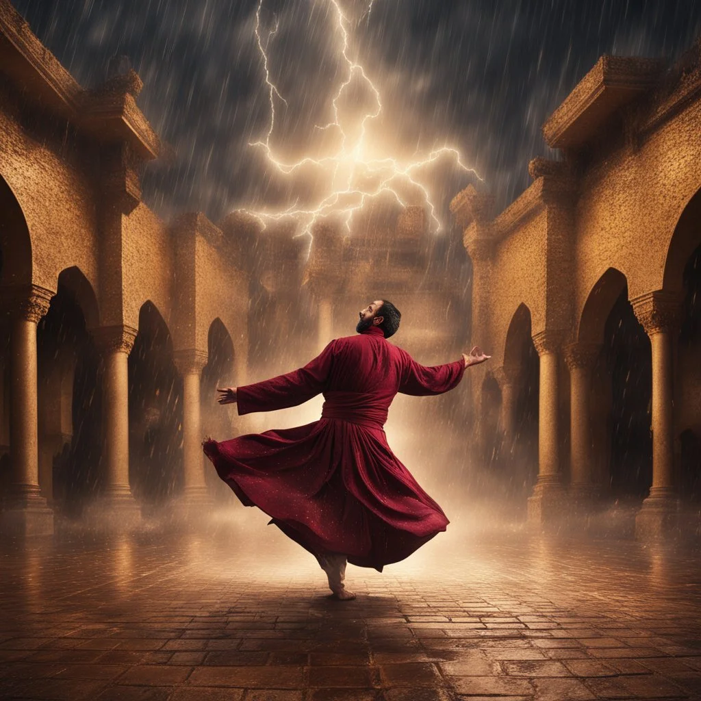 Hyper Realistic photographic-view of a Sufi Whirling with Golden & Maroon Islamic Sufi Rustic Grungy Background with thunderstorm at heavy rainy night outside an ancient Islamic architectural building with golden-sparkles-whirling showing dramatic & cinematic ambiance.