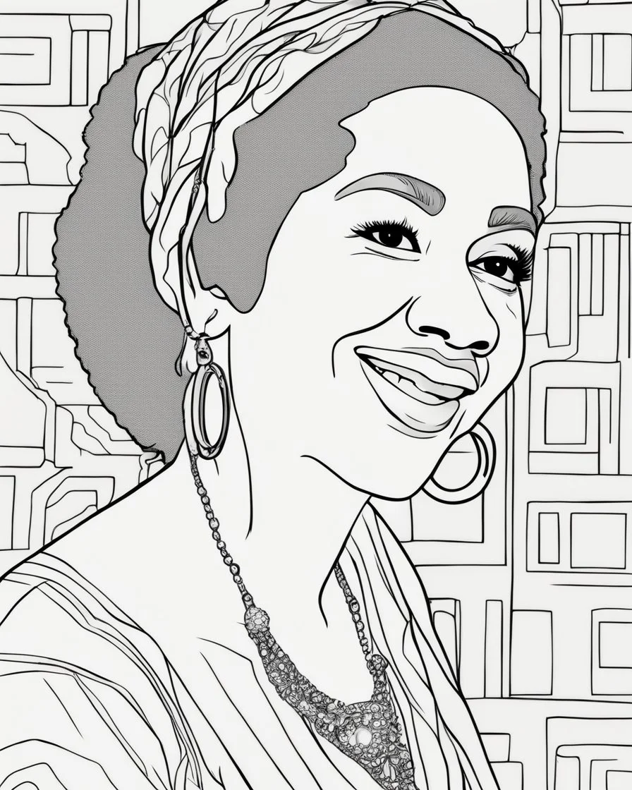 coloring page for teens, simple outlines art, cartoon style, outline drawing, bold outlines, clean and clear outlines, no tones color, no color, no detailed art, art full view, wide angle, white background, ARETHA FRANKLIN.