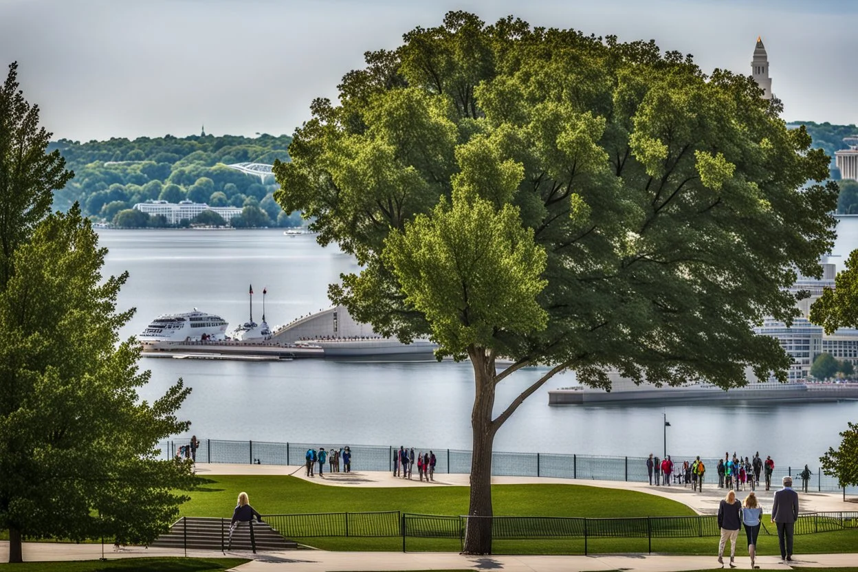A 200-foot-tall tree with a face, across Lake Monona from the Monona Terrace Convention Center in Madison, Wi