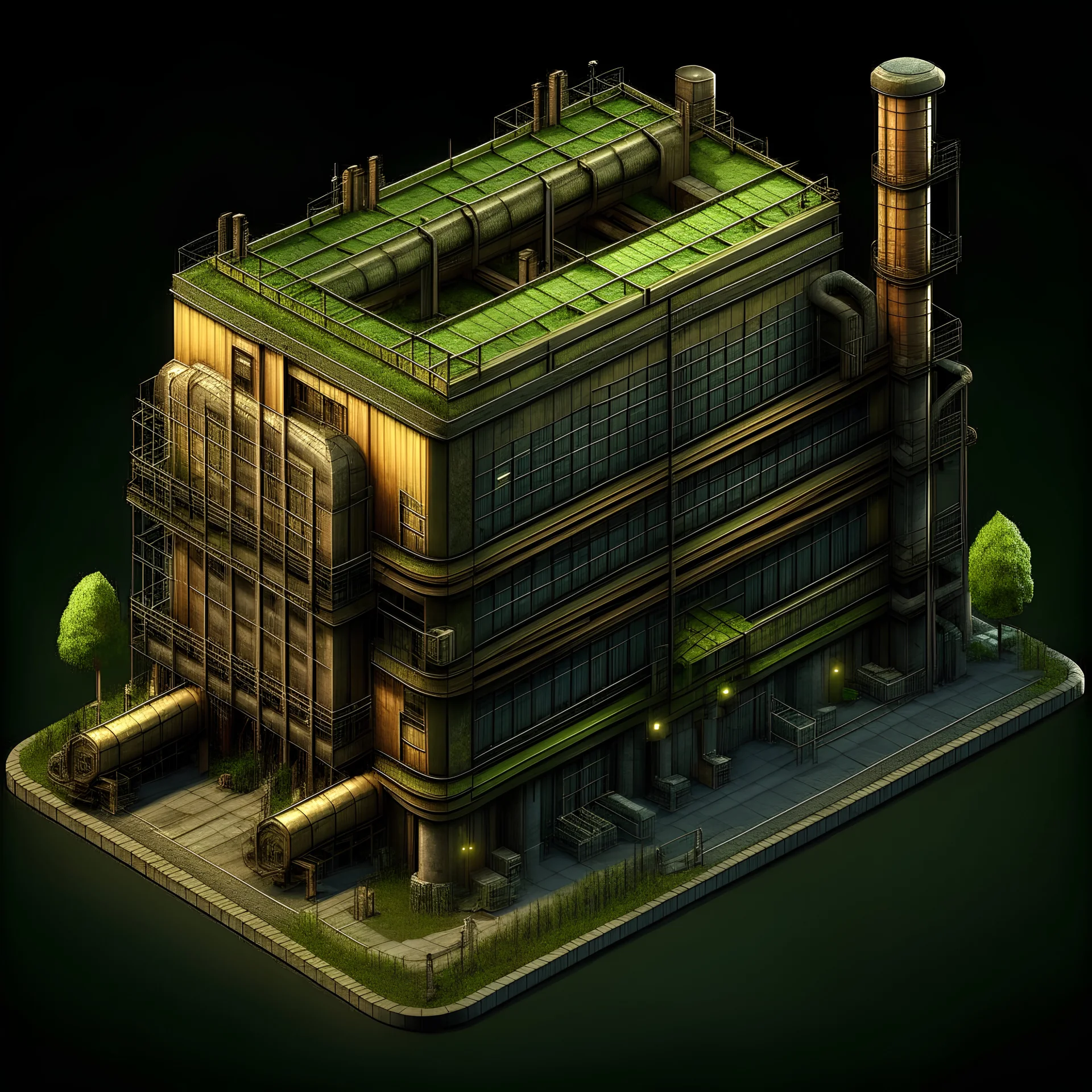 A high resolution very realistic, izometric image of "Warehouse". in the style of the game Factorio with green background with a 10 pixel transparent margin. The style is steampunk, factory, pollution, trending on ArtStation, 4K, hyper-realistic, focused, extreme details, Unreal Engine 5, cinematic