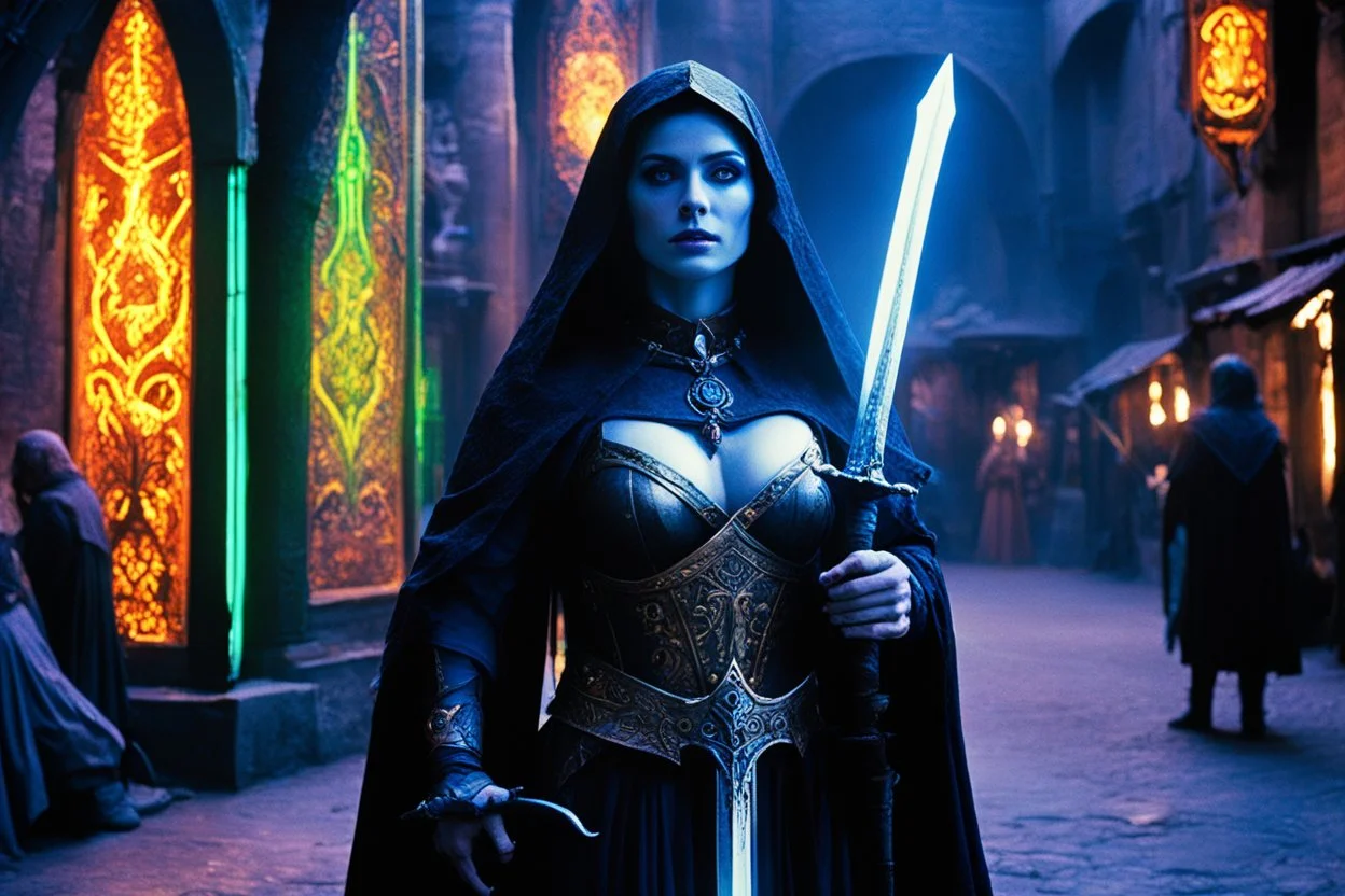 (photo of a sword and sorcery movie) she stands, a captured phantom, trapped in the neon-flesh-bazaar of a dying medieval city. This isn’t a market; it's a cosmic mistake, a hallucinatory auction block. The subject is a sorceress, her eyes (shot-on-35mm film, grainy, intense) reflect a reality that is cracking. She is bound, not just by ropes, but by the jagged, vibrating lines of a bad trip. Her clothes—torn velvet, the remains of arcane robes—cling to her, stained with mud and stardust. One w