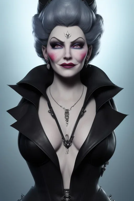 Mae West as evil queen in black leather, leather, busty, cleavage, angry, stern look. character design by cory loftis, fenghua zhong, ryohei hase, ismail inceoglu and ruan jia. unreal engine 5, artistic lighting, highly detailed, photorealistic, fantasy