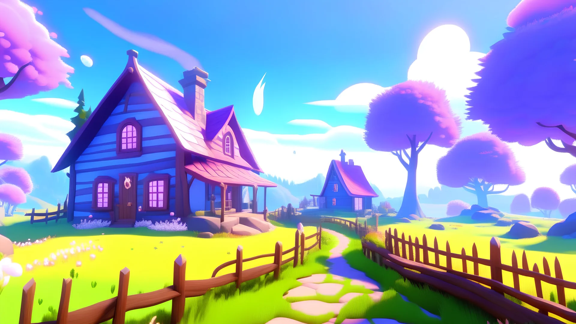 A simple and cute video game environment concept art of a small farm surrounded by nature, the farm has fantasy colours, cute fences,, crops, trees, bubbles, flowers, butterflies, fields, soft and simple, rendered in unreal engine, soft pastel colours, hues, blue, pink, purple, intriguing, peaceful and serene, 3D indie studio