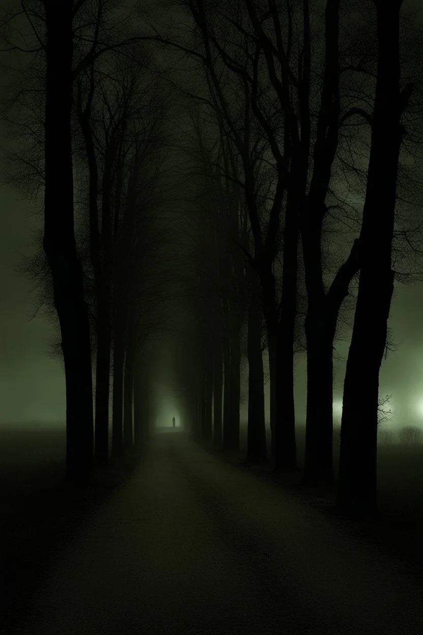 Night, square bench, dirt roads, trees, gothic horror films influence, creepy, photography