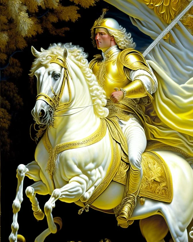 Alexander the Great on his horse Renaissance oil painting finely intricate hyper-detailed yellow cream silver and white full body 8k artwork