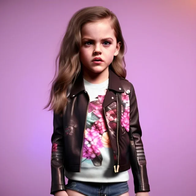 Riley keough toddler, full body, leather jacket, floral shirt, floral skirt, shoe, soft skin, background, dramatic lighting, hyper realistic