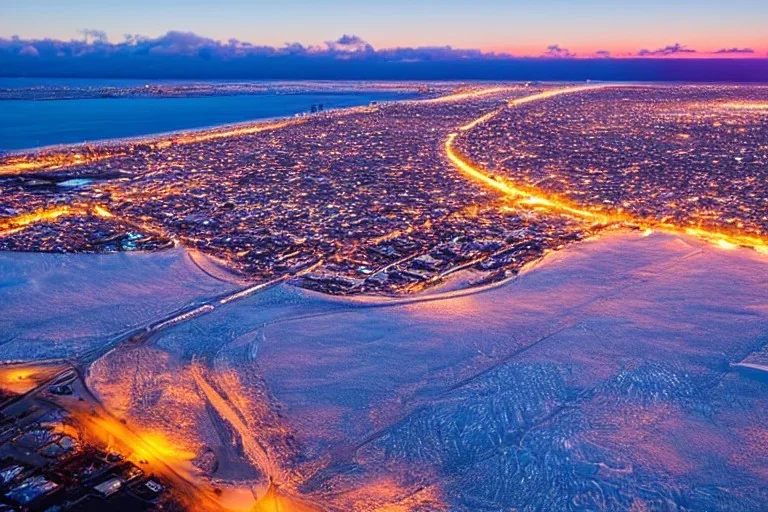 Honolulu Hawaii covered in winter snow and ice at sunset, winter wonderland