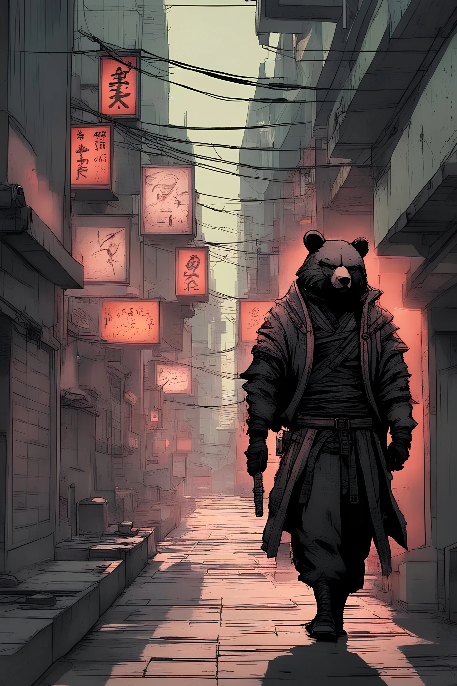 cyberpunk city alley samurai with bear shaped mask