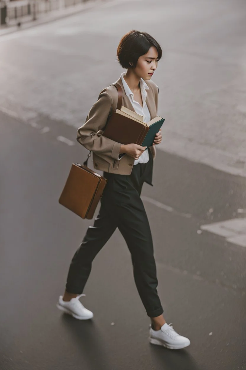 color photo of a student girl 22 years old ,short hair with her books in her hand walking in street,next to trees.