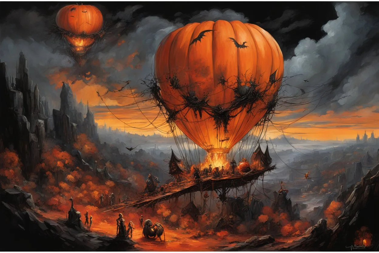 Nighttime Halloween fantasy world; surreal hot air balloon pumpkin themes, bonfire bacchanalia, by Stanley Mouse, by Gerald Scarfe, by Jeremy Mann, hypesurrreal; deep vibrant rich orange, black, and red color scheme; ultra intricate complex detail, sinister whimsey.