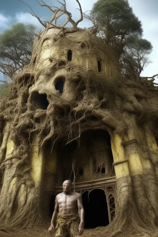 surrealis monochrome A fragmented, surreal sculpture liguid color of photorealistic image 3d,psychedelic art of an castle glossy emerging from dreamlike a crumbling building. The face appears pale with deep cracks and intricate details, evoking a haunting expression. Blackened tree branches intertwine with the gold mengkilat cracks, set against a backdrop of stormy, cloud-filled skies. bauhaus art The overall tone is dark and moody, suggesting themes of decay and transformation.