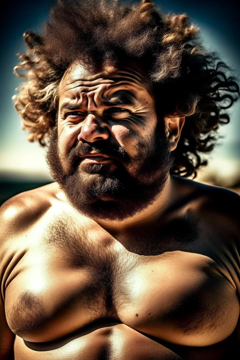 photography of a tired chubby hairy burly 35 years old ugly arab carpenter, shirtless, big nose, tattoo, unshaved, curly hair, manly chest, angry eyes, open legs , at the beach in the sun, big shoulders, big tights, side light, ground view angle