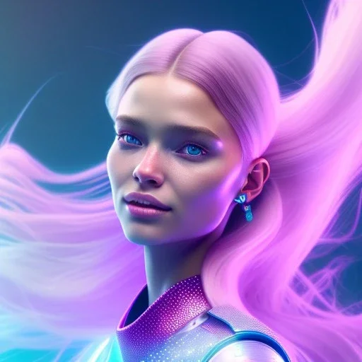 A portrait of a crystalised girl,smiling, longs hairs, atmospheric, realistic, cinematic lighting, octane render, pink turquoise light, 8k, , galactic atmosphere