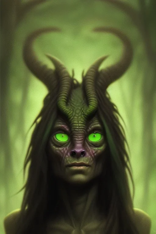 A portrait of a druid reptile demon with blurred colors, cute, beautiful, long dark hair,deep darkness, green evil eyes, etheric ,deep purple smoke, close up portrait by Greg Rutkowski