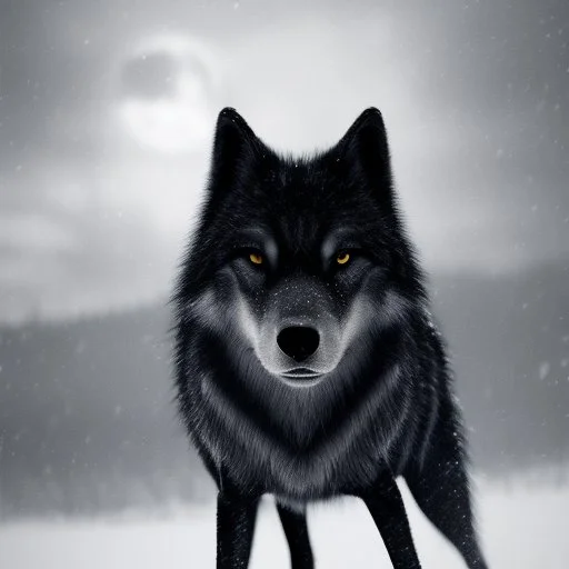 A captivating, monochromatic photograph of an ethereal black wolf in a snowy landscape, with a tight focus on its piercing gold eyes and striking fur details, evoking a sense of mystery and otherworldliness.