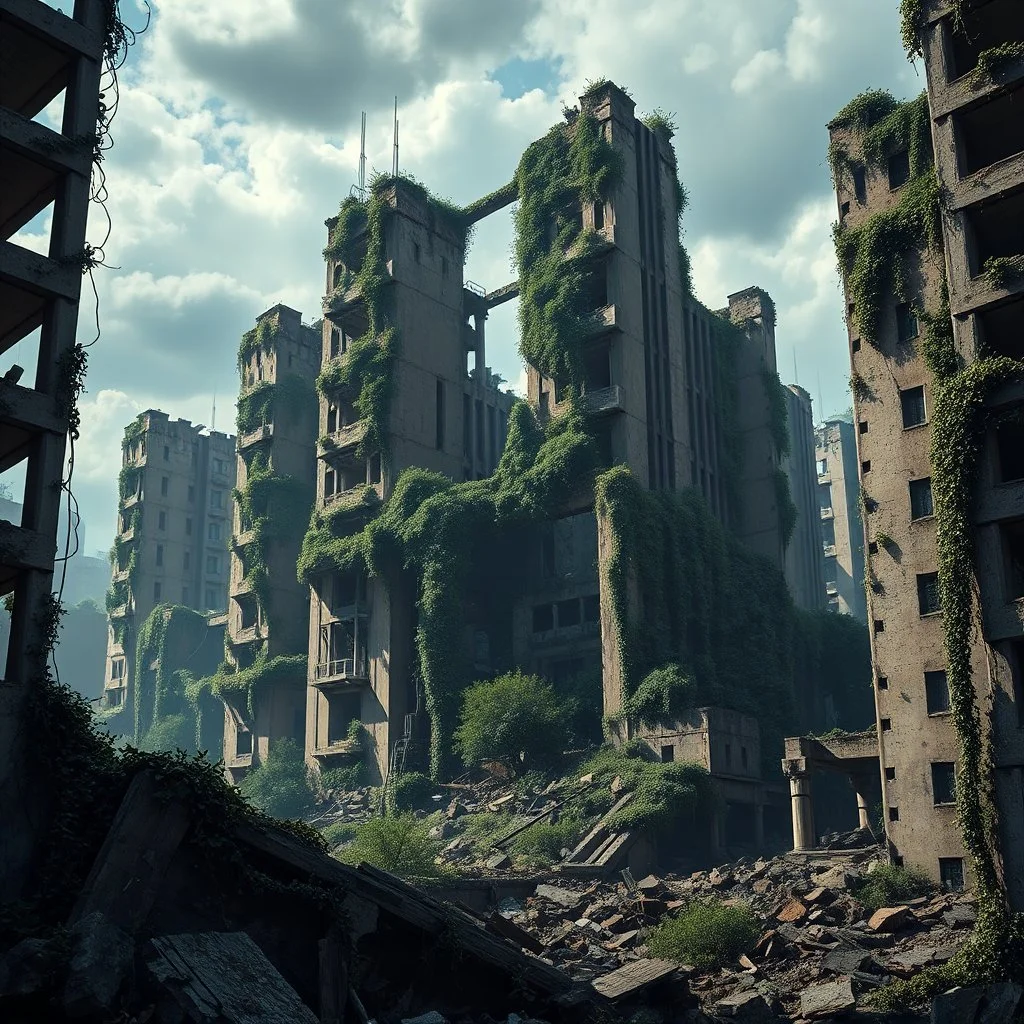 A hyper-realistic photo, Ultra realistic photo, desolate cityscape, with broken buildings and a thick layer of vines and foliage covering the ruins., futuristic style, HOF, captured with professional DSLR camera,64k, ultra