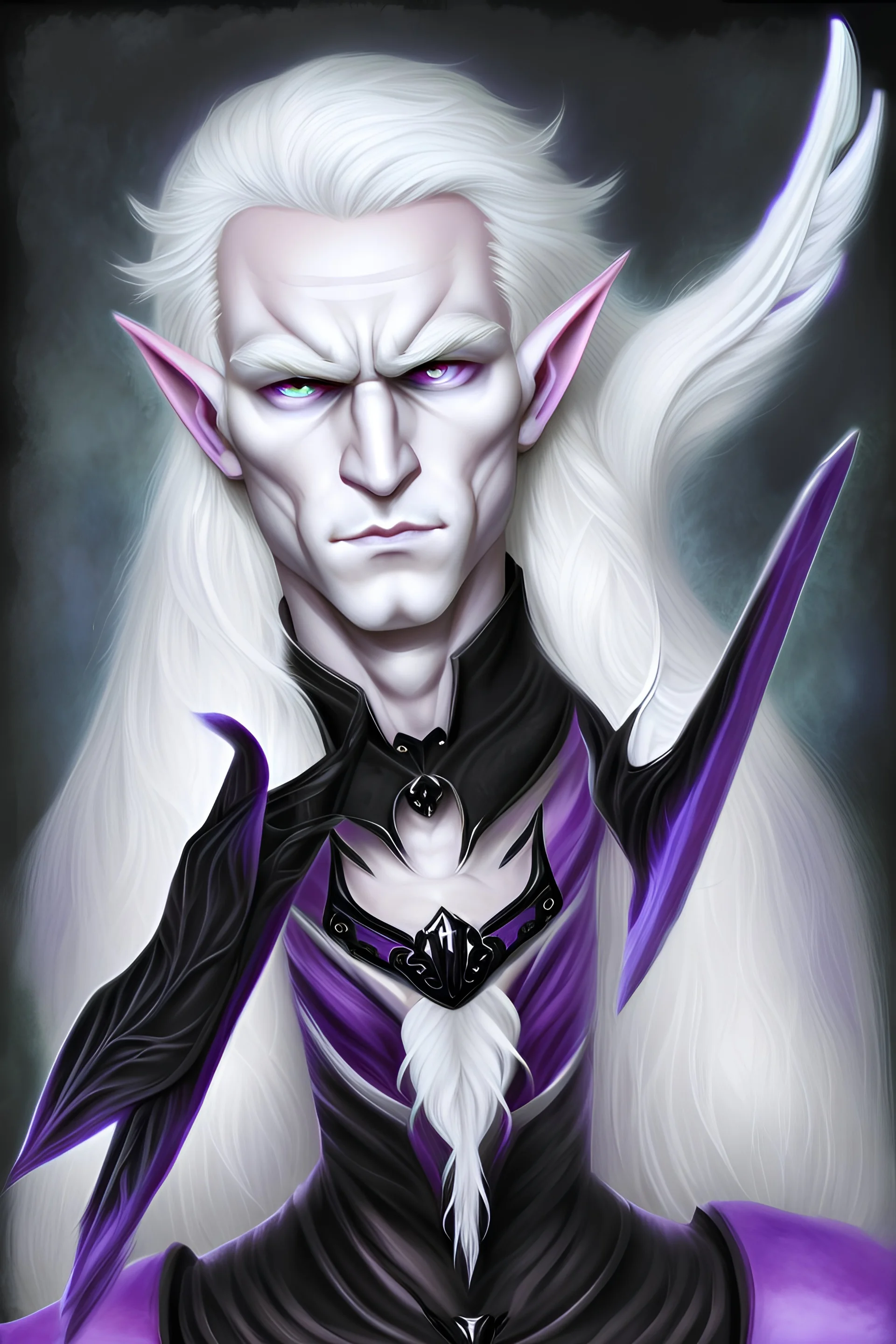 Elven man with white hair and purple eyes and black wings