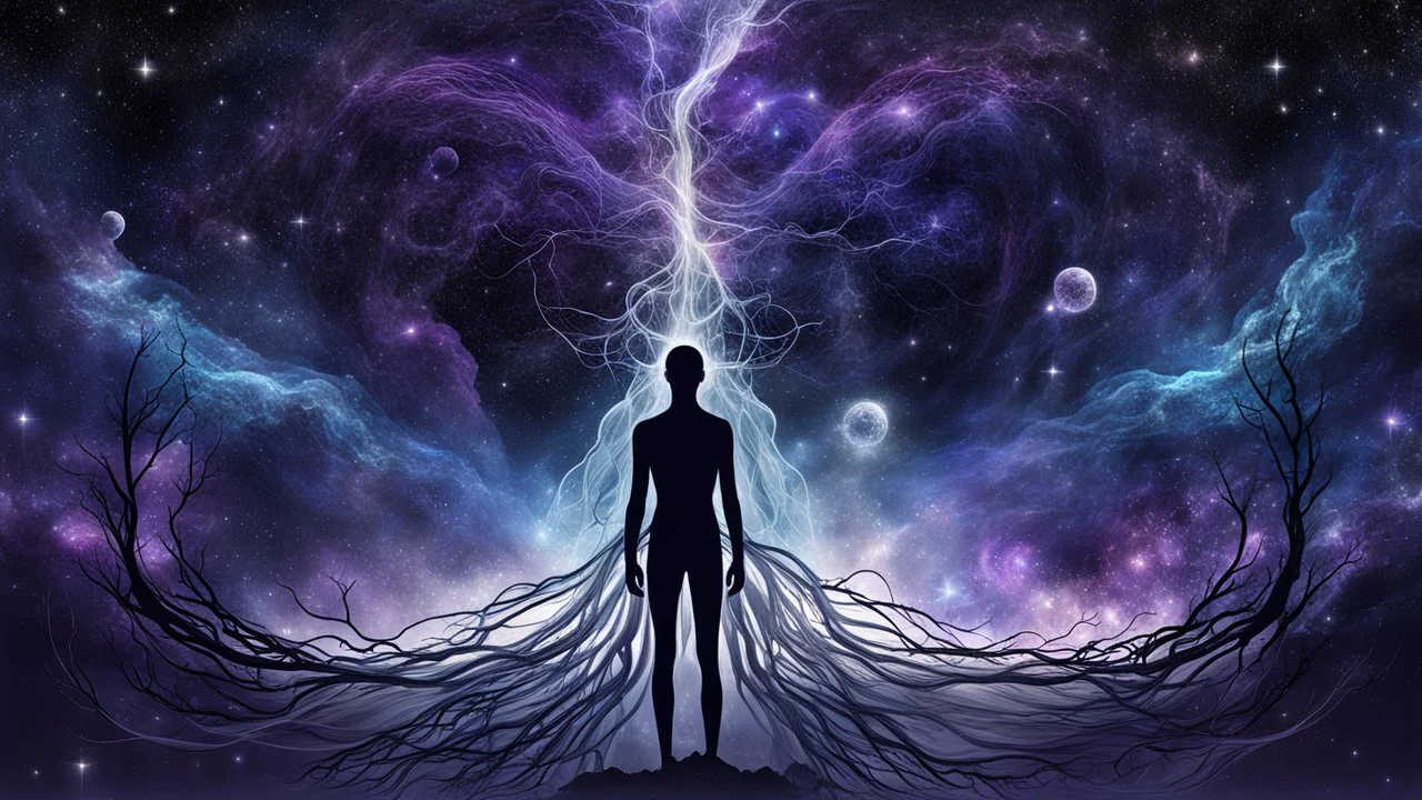 abstract 2d digital art graphic and ink montage,. Deep dark purple ,galaxy background with nebulas, human nervous system with fade little lights , white-dark blue-pale gray and black colors, Clean composition with strange surreal vibe, emotional, abstractions, neurodivergens soul and mind, cinematic, thriller, human dark shilouette floatings
