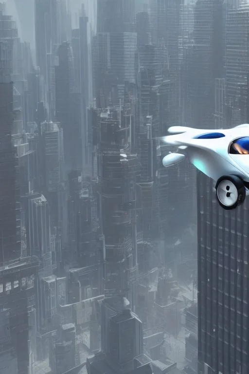 A flying car being drived by a robot between buildings in future city.