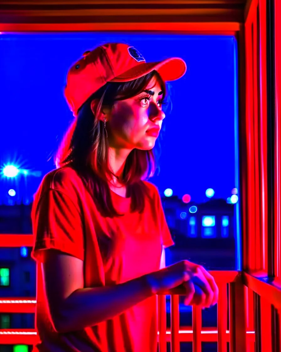 woman with a red baseball hat. leaning on a wooden balcony. night time. anime. studio lightining.