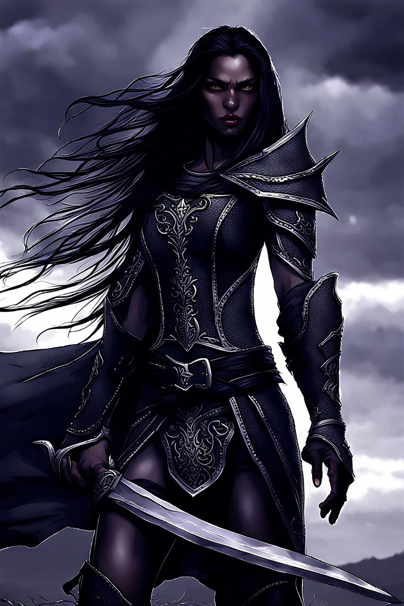 SA female elf with skin the color of storm clouds, deep grey, stands ready for battle. Her long black hair flows behind her like a shadow, while her eyes gleam with a fierce silver light. Despite the grim set of her mouth, there's a undeniable beauty in her fierce countenance. She's been in a fight, evidenced by the ragged state of her leather armor and the red cape that's seen better days, edges frayed and torn. In her hands, she grips two daggers, add dark shadow mystic purple flames