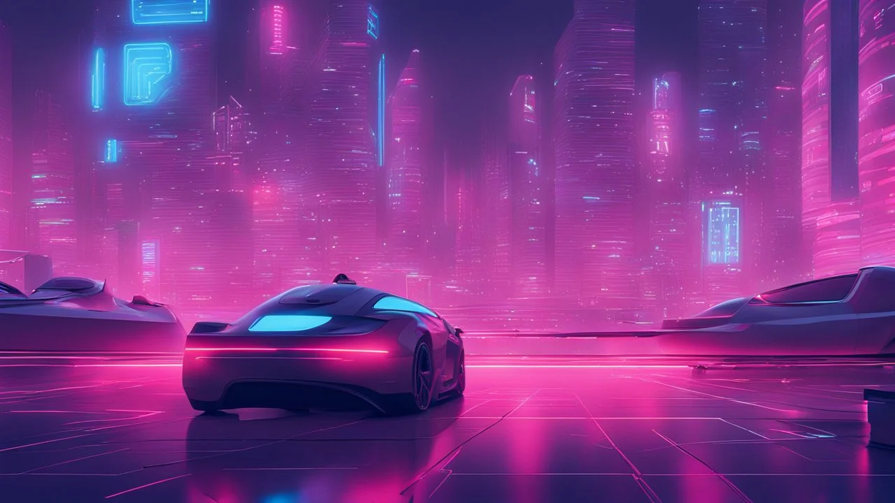 A futuristic cityscape at night with neon lights and flying cars.