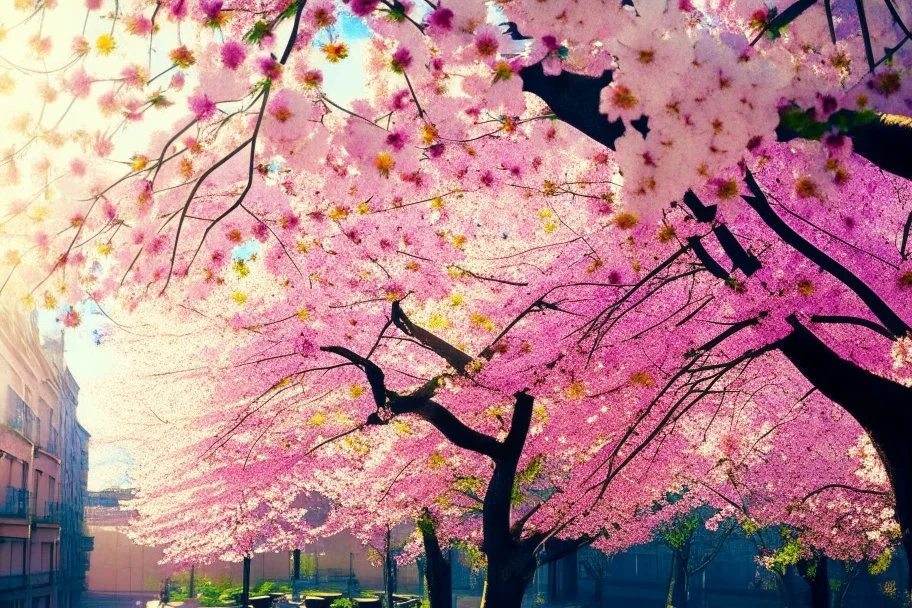 city, flowers, trees, sunny day, spring