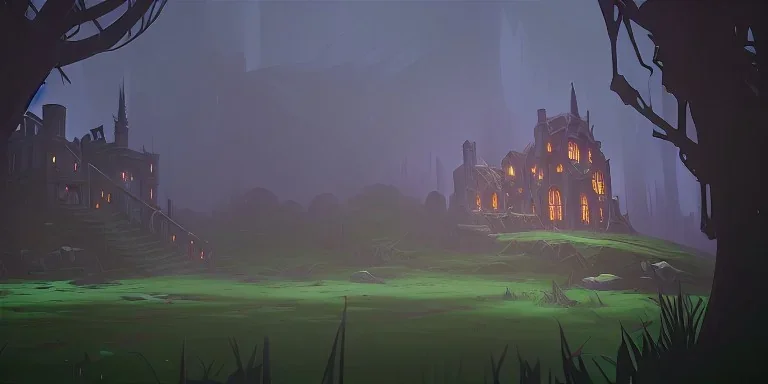 Ruined overgrown small castle in a dense forest, dynamic lighting, night