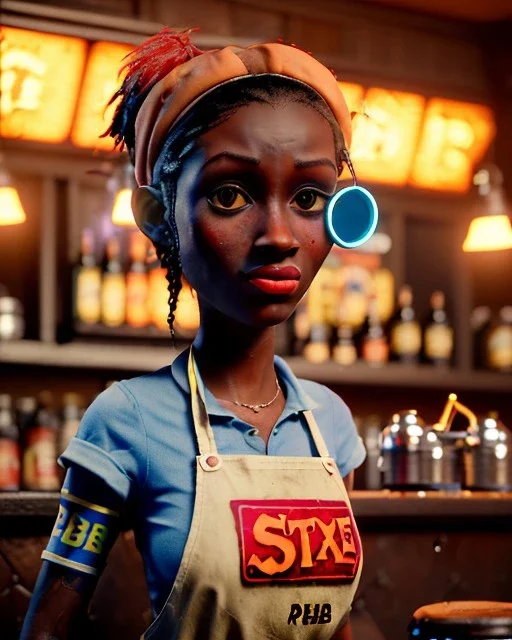 Pub scene, hybrid character, waitress sexy British woman with monster muppet mask that covers her entire head, Sesame Street style, retro style, short shirt, tray, beer, old school tattoo, hot, smooth, unreal engine 5, god lights, ray tracing, RTX, lumen lighting, ultra detail, volumetric lighting, 3d.